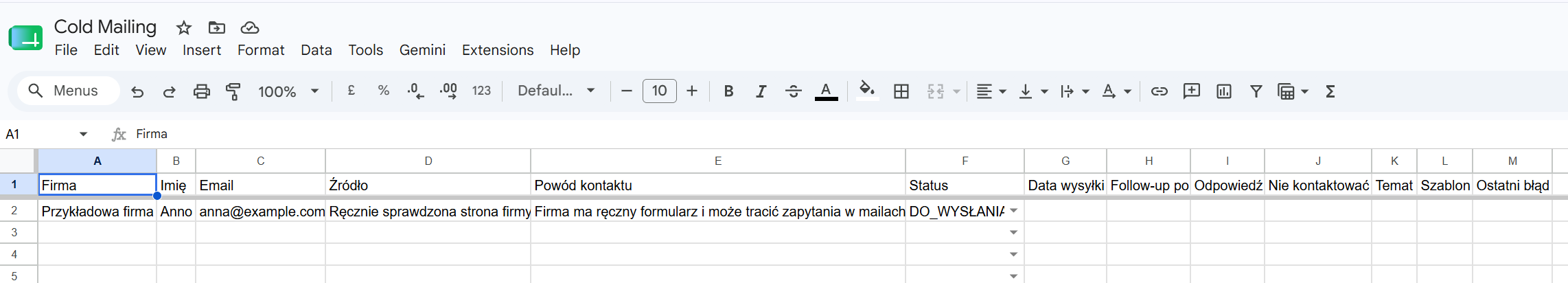 Arkusz Google z zakładką Kampania i przykładowym wierszem do cold mailingu