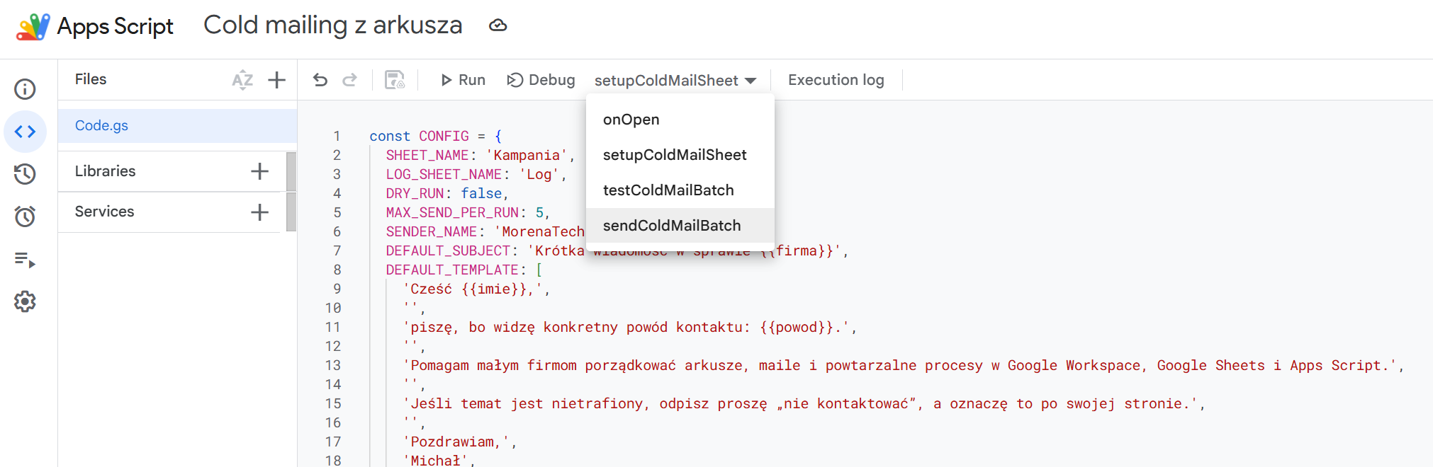 Edytor Apps Script z otwartym projektem Cold mailing z arkusza i listą funkcji