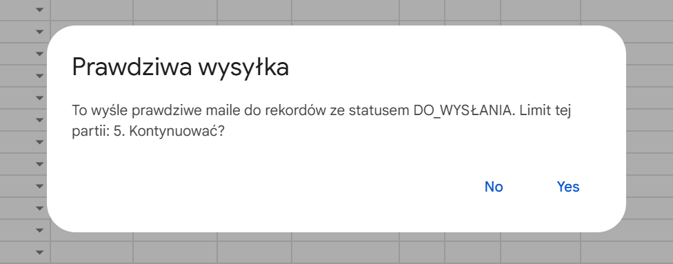 Okno potwierdzenia prawdziwej wysyłki dla rekordów ze statusem DO_WYSŁANIA
