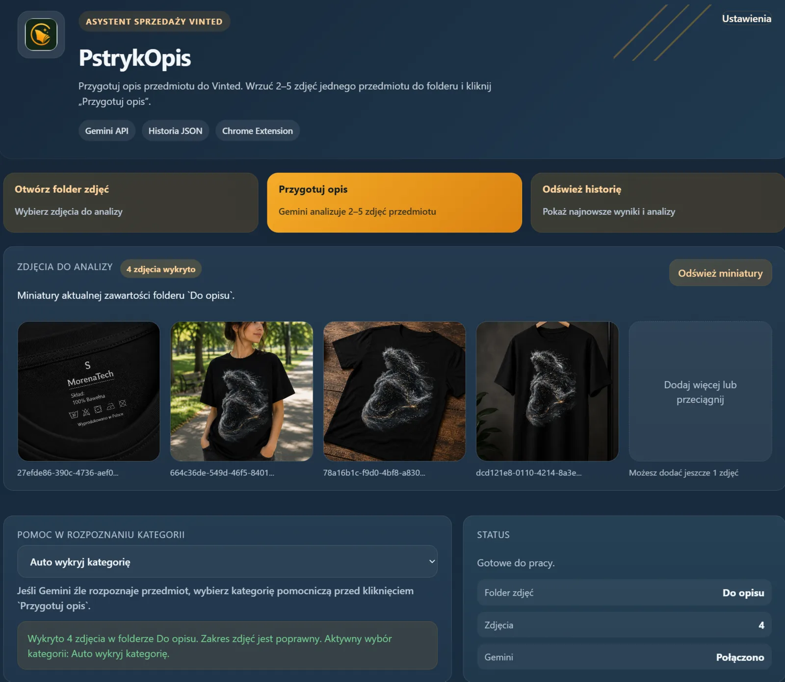 PstrykOpis application with item photo previews and a button to prepare a description using Gemini