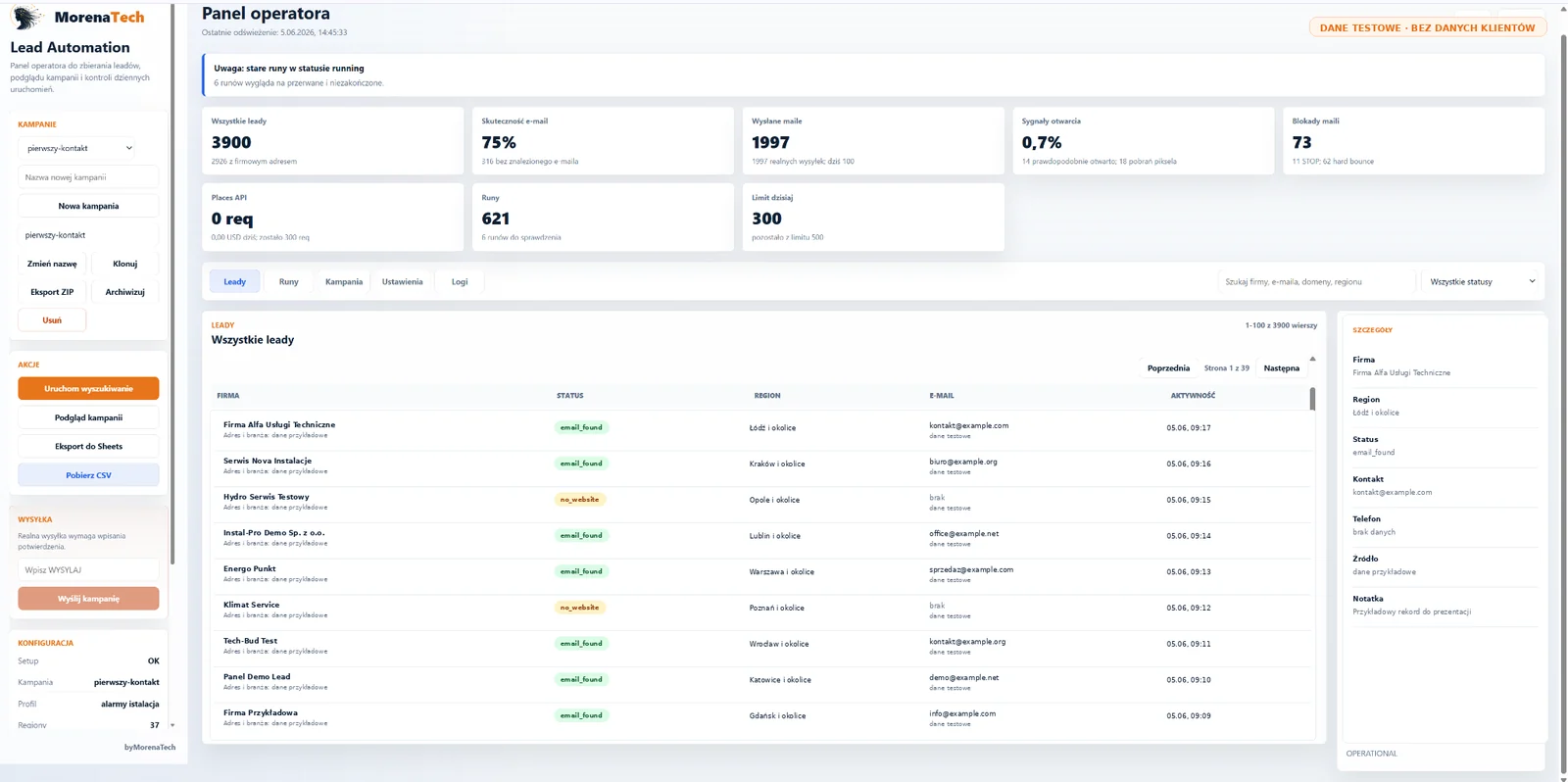 Lead Automation panel with lead list, statuses, and contact details on test data