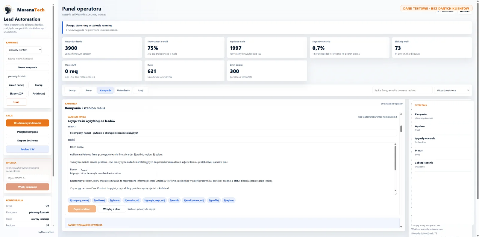 Lead Automation message template editor on test data