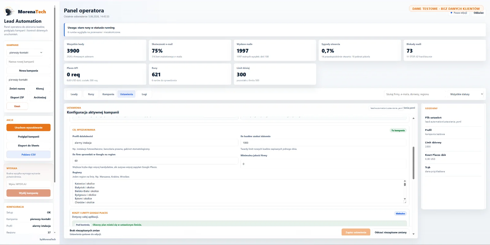 Lead Automation campaign configuration screen with limits and regions on test data