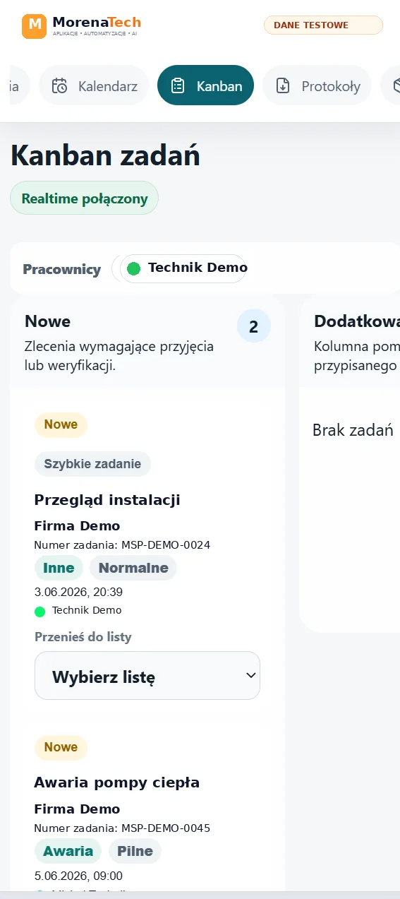 Mobilny widok Kanban zadań technika w Mobile Service Protocol na danych testowych